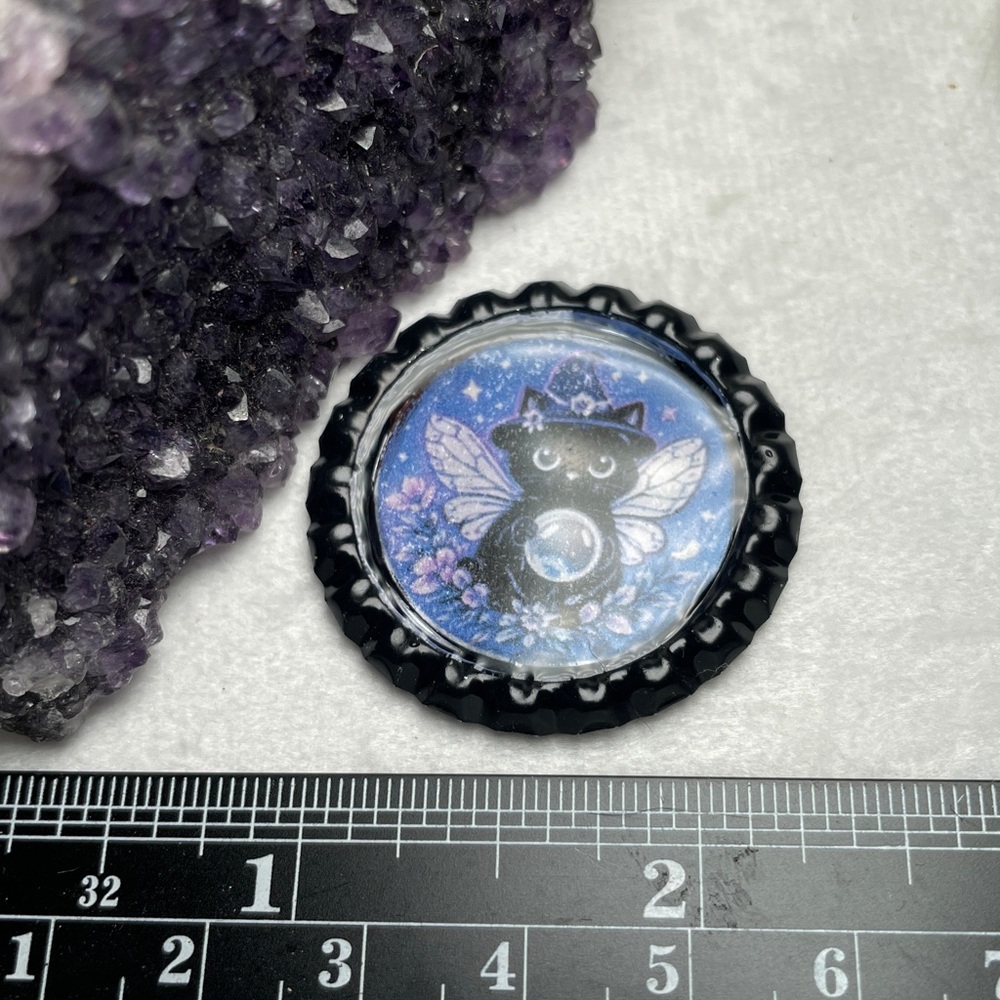 2/$18 Black Cat Fairy Bottle Cap Pin Or Broach with Blue Background - Picture 2 of 5